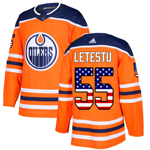 Adidas Oilers #55 Mark Letestu Orange Home Authentic USA Flag Stitched NHL Jersey
